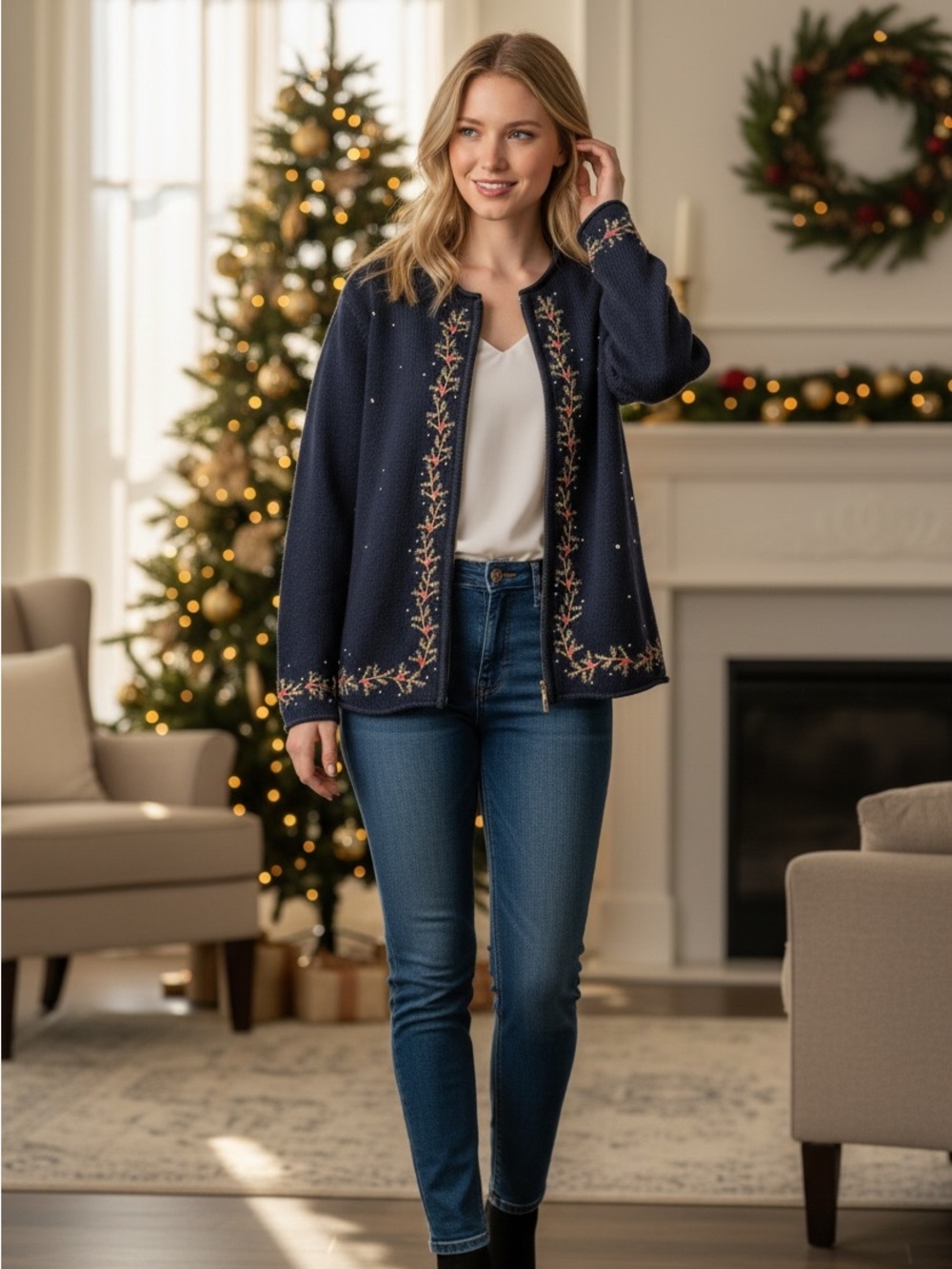 Vintage Craft & Barrow Full Zip Holly Trim Cardigan L Holiday Festive Warm Black